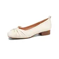 Elegant cream soft leather ballet flats with decorative knot and low brown block heel - 35 / Apricot