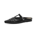 Elegantes mules planos negros de punta con correa en T, calzado de verano mujer - 35 / Negro
