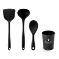 Schwarzes Küchenhelfer-Set aus Silikon mit Pfannenwender Schöpfkelle und Behälter - Schwarzes Set / Dreiteiliges Set / Schwarz