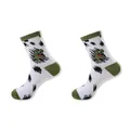 Side detail of white crew socks featuring a green dinosaur pattern and olive accents - One Size / Color 2 (White Green Dinosaur)