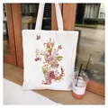 Large white canvas tote bag with colorful flower cat print for shopping and students - C2 Cat Style / No Inner Pocket No Zipper