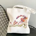 Grand cabas en toile blanche avec imprimé chat à fleurs pour un usage quotidien étudiant - C6 Style Chat / Sans Poche Intérieure Sans Fermeture Éclair