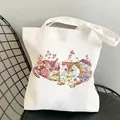 Sac fourre-tout en toile blanche avec un imprimé d'illustration de chat floral coloré - C7 Style Deux Chats / Sans Poche Intérieure Sans Fermeture Éclair