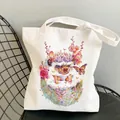 Grand sac cabas en toile blanche avec imprimé artistique de hérisson coloré et fleurs - C12 Style Hérisson / Sans Poche Intérieure Sans Fermeture Éclair