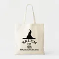 Close-up detail of cream canvas tote bag with black Salem 1626 witch hat graphic print - Salem Witch Hat Style (18) / 35*40cm