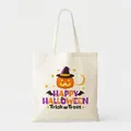Halloween pumpkin print canvas tote bag for women with 'Trick or Treat' festive text - Vibrant Pumpkin Bat Mix Style (15) / 35*40cm