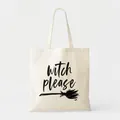 Close-up of 'witch please' slogan and broomstick illustration on a white canvas tote bag - Witch Broom Text Style (9) / 35*40cm