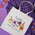 Detailed view of white canvas Halloween tote bag with festive gnomes and pumpkin patterns - Halloween Gnomes Style (6) / 35*40cm