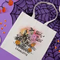 Detailed view of white canvas tote bag with Halloween skeleton and pumpkin print - Skeleton Castle Style (3) / 35*40cm