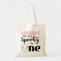 Detailed view of Halloween canvas tote bag featuring a cute ghost and spooky text design - Ghost Floral Style (1) / 35*40cm