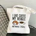 Cute Beagle dog and coffee quote print white cotton canvas tote bag for daily use - Like Coffee And Beagle (STD1673-D)