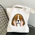 Sac fourre-tout en toile blanche avec imprimé de visage de chien Beagle mignon - Serrer le Visage Beagle (STD1673-L)