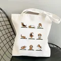 Sac fourre-tout en toile blanche avec d'adorables chiens Beagle faisant du yoga varié - Collection de Poses de Yoga Beagle (STD1673-M)
