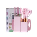 Elegant 19-piece pink silicone kitchen utensil set with natural beech wood handles - 1000g Set / Pink