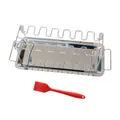 Stainless steel folding chicken leg grill rack with drip tray and red silicone brush - Three-Piece Set / White Box Packaging
