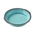 Round collapsible teal silicone cake mold with grey non-slip handles for baking. - 9 Inch Round / Blue