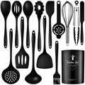 Complete 12-piece black silicone kitchen utensil set with storage bucket for non-stick cookware - 15 Piece Set / Black