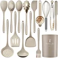 Complete beige silicone kitchen utensil set with storage bucket for non-stick cooking - 15 Piece Set / Khaki