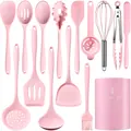 Complete 12-piece pink silicone kitchen utensil set with a matching storage holder bucket - 15 Piece Set / Pink