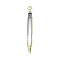 Mini stainless steel tongs with cream silicone tips and handles for non-stick cooking. - 7-Inch Food Tong
