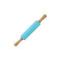 Professional blue silicone rolling pin with ergonomic natural wood handles for baking dough - 38 cm / Blue