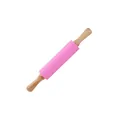 Pink silicone rolling pin with natural wood handles for baking and dough rolling - 38 cm / Pink