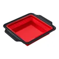 Premium red collapsible square silicone baking pan with black handles for home oven use - Square Cake Pan / Red