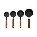 Black stainless steel measuring cups set with wooden handles for baking and cooking. - Measuring Cups (Black) / Four-Piece Set