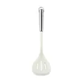Elegant white silicone slotted turner spatula with ergonomic stainless steel hollow handle. - Clear Slotted Turner