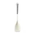 White silicone serving spoon with ergonomic stainless steel hollow handle for cooking - Clear Flat Spoon