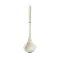 Semi-transparent white silicone soup ladle featuring a cream plastic ribbed handle. - Soup Spoon / Clear