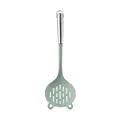 Durable green silicone slotted spoon with stainless steel hollow handle for non-stick cooking. - Teal Spider Strainers