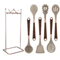 Elegant beige silicone kitchen utensil set with wood grain handles and rose gold rack - 7-Piece Set With Wire Stand / White