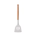 White silicone slotted turner spatula with ergonomic wooden handle for non-stick cooking - Slotted Spatula / White