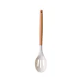 White silicone slotted spoon with natural wooden handle kitchen utensil tool - Slotted Spoon / White