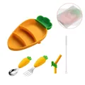 Silikon-Babyteller-Set in Karottenform mit Saugnapf Gabel Löffel Strohhalm und Bürste - 5-teiliges Set (Verpackt) / Gelb