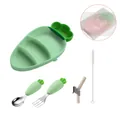 Carrot-shaped silicone baby feeding set with suction plate spoon fork straw and cleaning brush - 5-Piece Set (Bagged) / Green