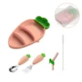 Karottenförmiges Silikon-Babyteller-Set mit Saugnapf, Löffel, Gabel und Bürste in Pfirsich - 5-teiliges Set (Verpackt) / Rosa