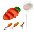 Karottenförmiges Baby-Silikon-Fütterungsset mit Saugnapfteller Gabel Löffel und Halm - 5-teiliges Set (Verpackt) / Orange