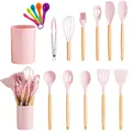 Comprehensive 17-piece pink silicone kitchen utensil set with wooden handles and bucket. - 17 Piece Set (With Measuring Spoons) / Pink