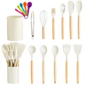 Complete 17-piece cream silicone kitchen utensil set with natural wooden handles. - 17 Piece Set (With Measuring Spoons) / Cream