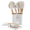 Juego de 11 utensilios de cocina de silicona blanco crema con mangos de madera - Juego de Utensilios 11 Piezas