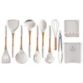 11-piece silicone kitchen utensil set with wooden handles in cream white and holder - 11-Piece Set