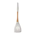 Premium white silicone slotted turner with a natural wood handle and a hanging hole. - Slotted Spatula