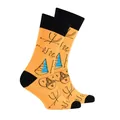 Close-up detail of orange cotton socks featuring black mathematical formulas and diagrams. - One Size / Orange Yellow (Physics Geometry)