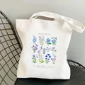 Minimalist white canvas tote bag featuring blue and purple floral prints for shopping - Blue Purple Botanical Map Style(STD318-B) / 1 Piece