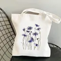 White canvas tote bag featuring an artistic blue cornflower floral print for daily use - Blue Floral Style(STD318-D) / 1 Piece