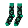Detail shot of black mid-calf socks with green alien head patterns on white background. - One Size / Alien Head (4) / Black