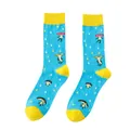 Detailed view of colorful cotton crew socks featuring cute cartoon mushroom patterns. - One Size / Cartoon Mushroom (3) / Bright Blue