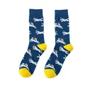 Blue men's cotton crew socks with vibrant yellow accents and a cute running dog pattern. - One Size / Running Dog (2) / Dark Blue